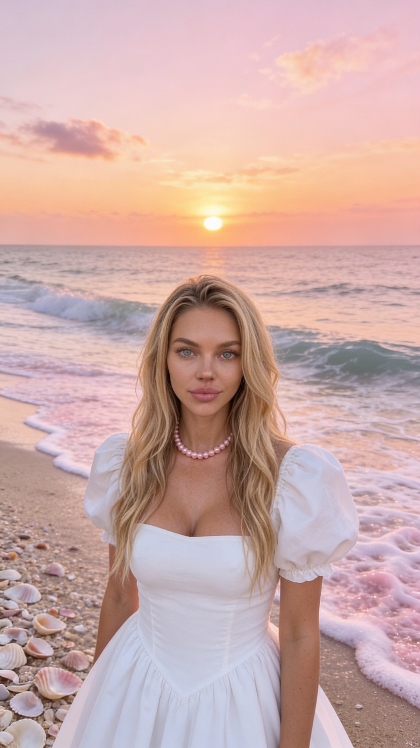 Ονειρικά Κύματα Ωκεανού στην Παραλία Κοχυλιών με Λευκό Φόρεμα και Ροζ Μαργαριτάρια | Ηλιοβασίλεμα Παστέλ