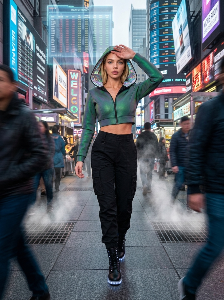 Φουτουριστική Περιπλάνηση σε Πολυσύχναστη Αγορά: Πράσινο Ιριδίζον Μπουφάν και LED Μποτάκια