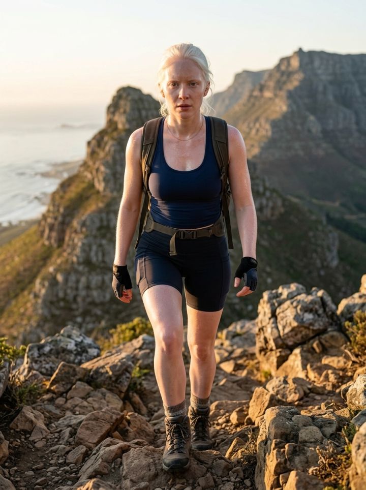 Нискоъгълна снимка от изкачване на Lion’s Head на зората – решителна крачка по стръмен каменист път