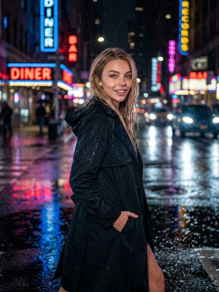 Хождане под дъжд в нощна улица с неон