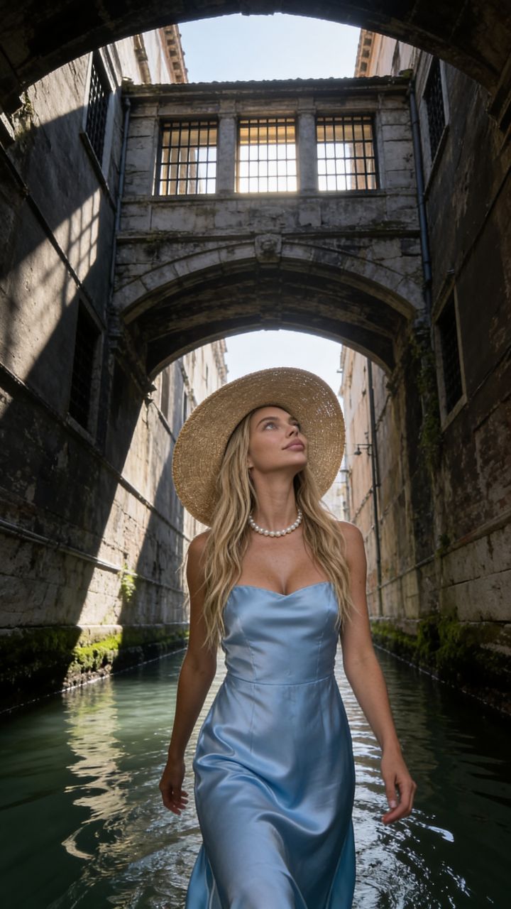 امرأة تتجول تحت جسر الآهات في ممر قناة ضيق بالبندقية - قبعة قش عريضة الحواف وفستان حريري أزرق فات...