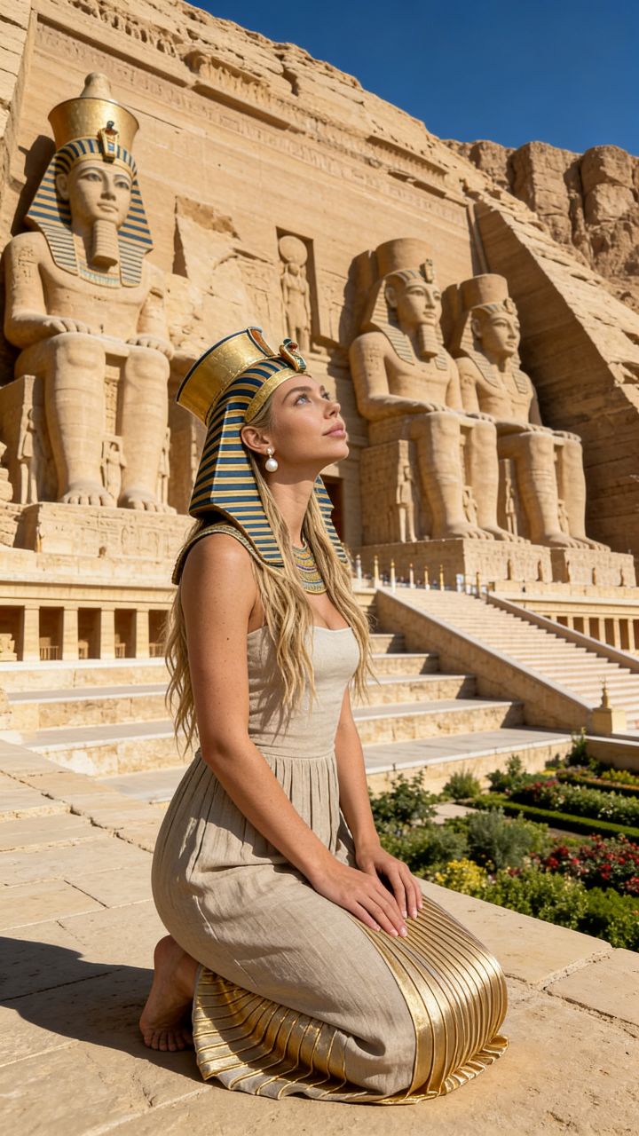 صورة راكعة أمام مصاطب معبد حتشبسوت في الظهر - نظرة إلى التماثيل العملاقة بواقعية فوتوغرافية فائقة