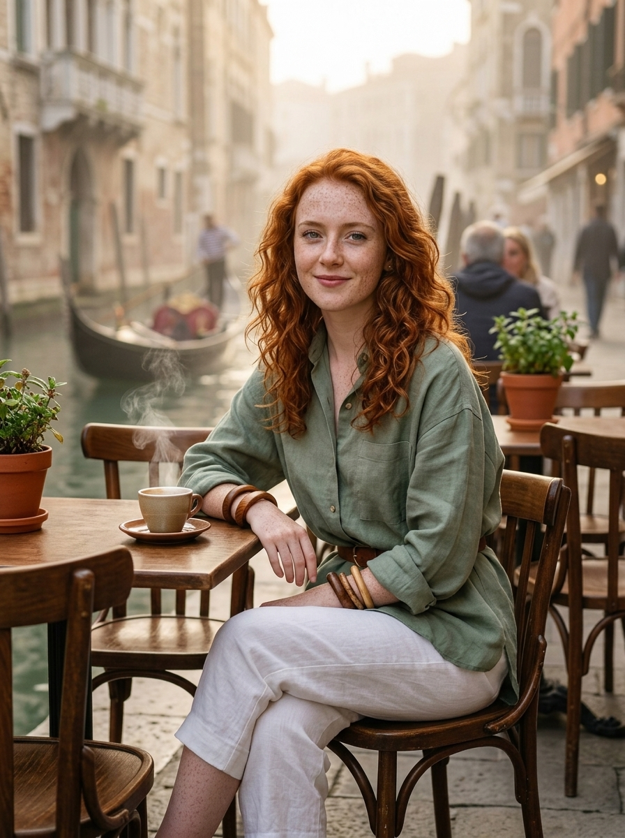 صورة سينمائية واقعية عالية الجودة لشخصية جالسة في مقهى على ضفة قنال في سان بولو، بخار الإسبريسو وضباب الصباح