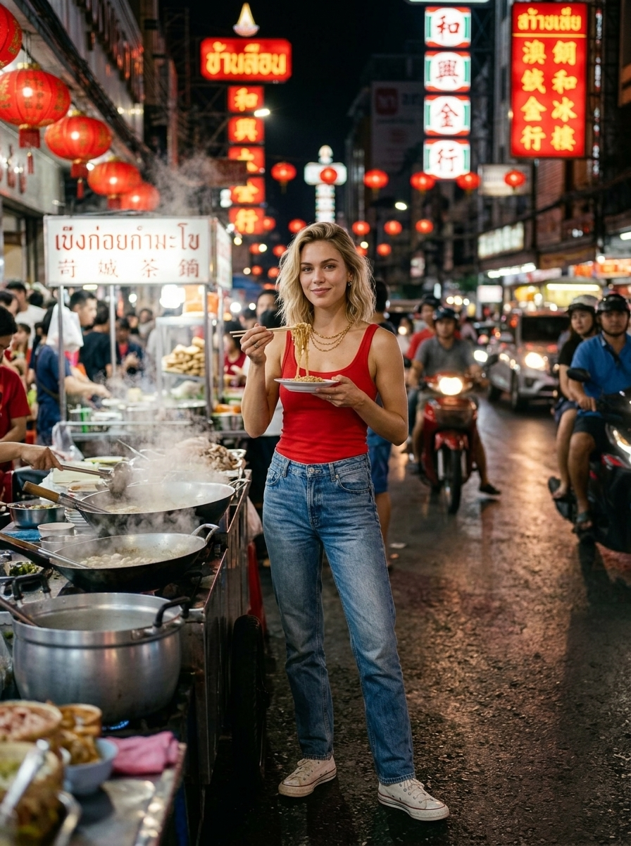 صورة سينمائية واقعية فائقة لحي ياوارات الصيني ليلاً: بخار من أكشاك الطعام الشارعي وأضواء نيون حمراء نابضة