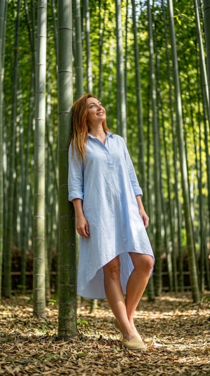 صورة واقعية عالية الجودة لغابة الخيزران أراشيياما في كيوتو - سيدة في تونيك قطني أزرق باستيل وإسبر...