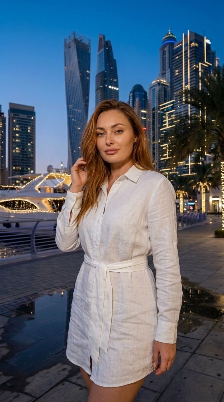 صورة واقعية فائقة الجودة: مشي ديناميكي في ممشى دبي مارينا مساءً بفستان قميص لينن أبيض مع حزام ساتان