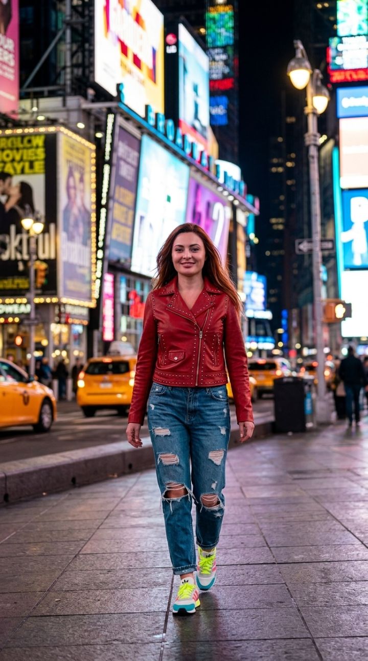 صورة واقعية فائقة لشخص يمشي في حي برودواي المسرحي ليلاً بجاكيت جلدي أحمر مميز
