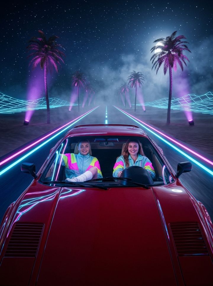 طريق صحراوي ليلي تحت النجوم: سيارة رياضية ريترو 80s مع نيون وشخصية أنيقة