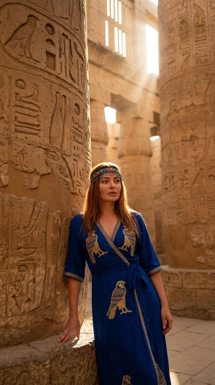 مستكشف يتكئ على عمود هائل في معبد الكرنك أثناء ساعة الذهبية - إضاءة درامية وهيروغليفية حية