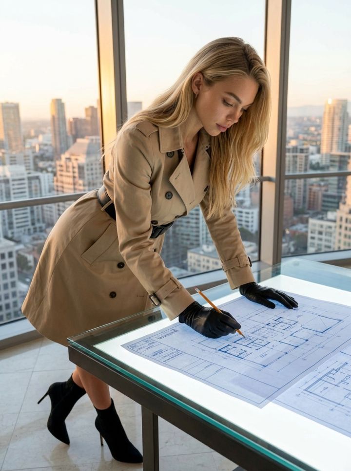 مهندسة معمارية أنيقة منحنية على طاولة زجاجية مضيئة ترسم تعديلات خطط معمارية، إطلالة مدينية من ناف...