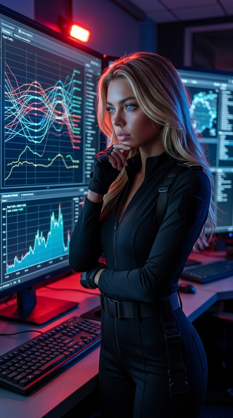 هاكر يفكر بعمق يد على الذقن عيون مدببة تحلل رسوم شبكات معقدة نابضة بحركة مرور حية على شاشات عملاقة إضاءة طوارئ درامية بدلة سوداء أنيقة واقع فوتوغرافي فائق