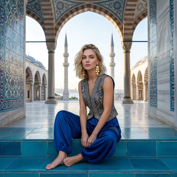وضعية جلوس هادئة على درج فناء المسجد الأزرق وسط تماثل بلاط إزنيك الأزرق، أشعة صباحية ناعمة وإطلالة على البوسفور، واقعية 