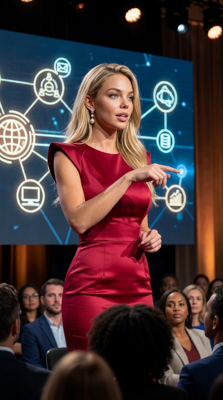 يد تضغط زرًا غير مرئي أثناء خطاب على مسرح TED مع جمهور متنوع وشاشة اتصالية عملاقة - واقعية فوتوغرافية فائقة