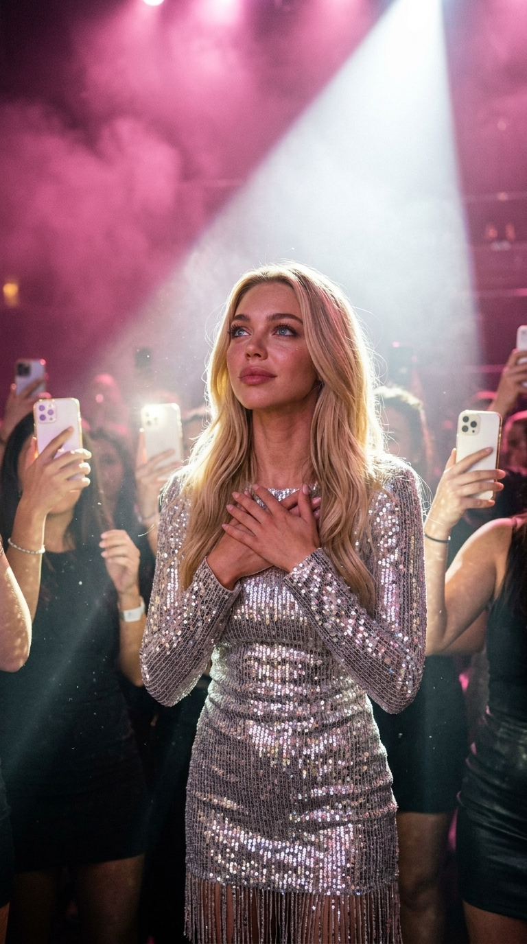 मंच पर भावुक बालाड गायिका, चमकदार सिल्वर फ्रिंज ड्रेस, पिंक लाइट्स स्पॉटलाइट, अल्ट्रा फोटोरियलिस्टिक पोर्ट्रेट