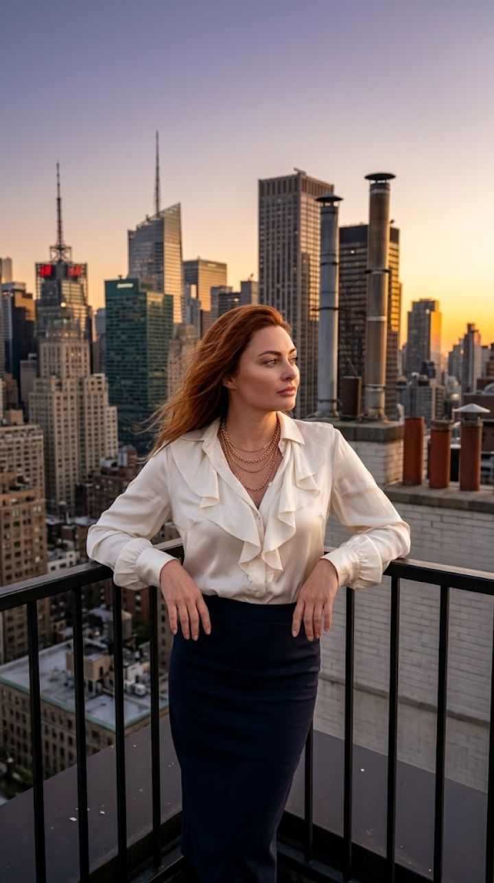 मैनहट्टन रूफटॉप पर सूर्यास्त: रफल्स वाली आइवरी ब्लाउज में एलिगेंट महिला