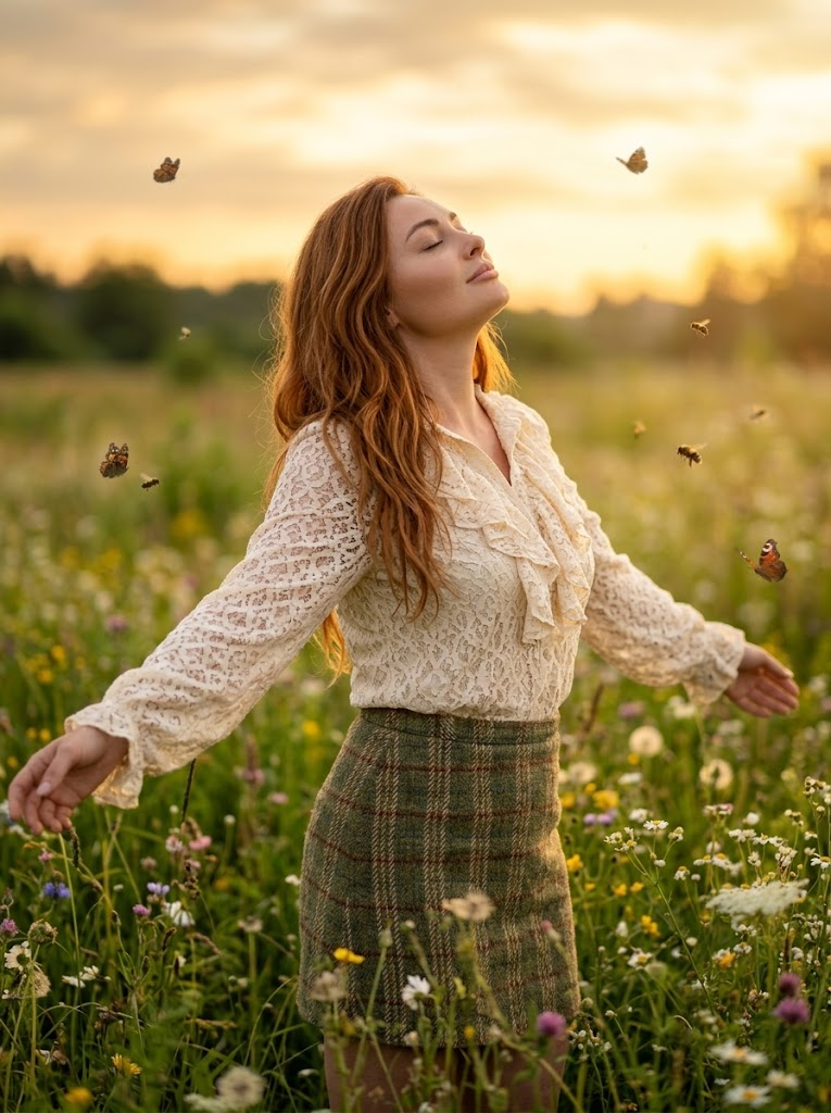 सूर्यास्त की सुनहरी रोशनी में जंगली फूलों के मैदान में खड़ी महिला, लेस ब्लाउज और ट्वीड स्कर्ट