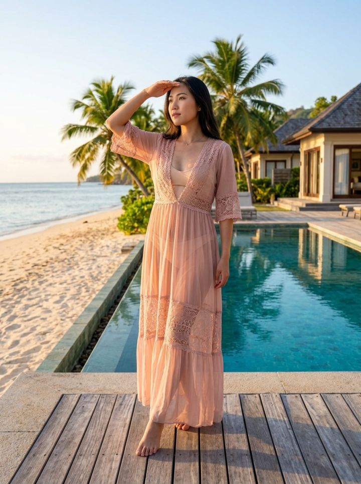 セーシェル・プララン島ビーチリゾート 豪華フルボディ写真｜ピンクシースルーガウン＆ビキニ