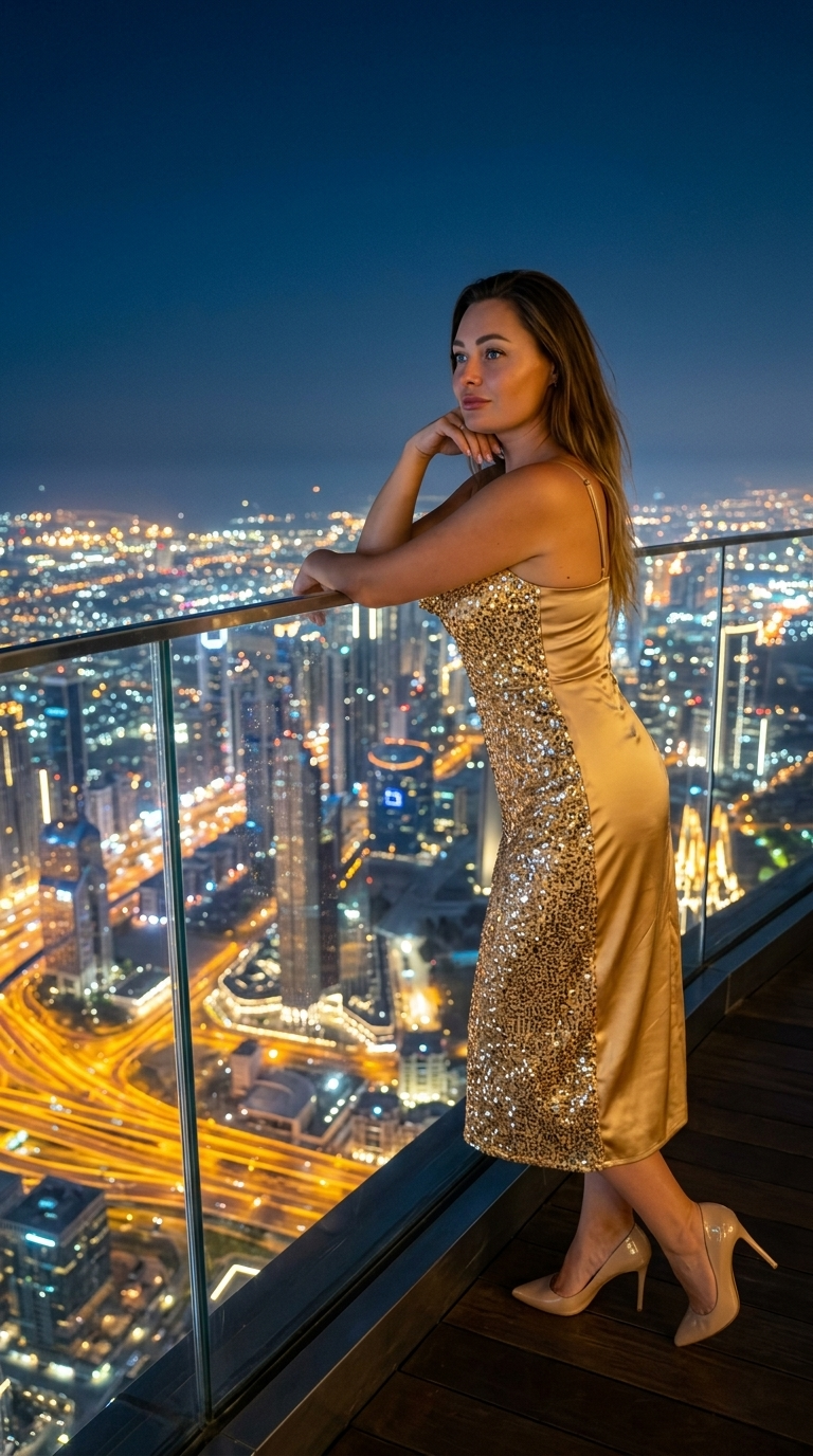 哈利法塔观景台金色亮片礼服美女俯瞰迪拜璀璨夜景