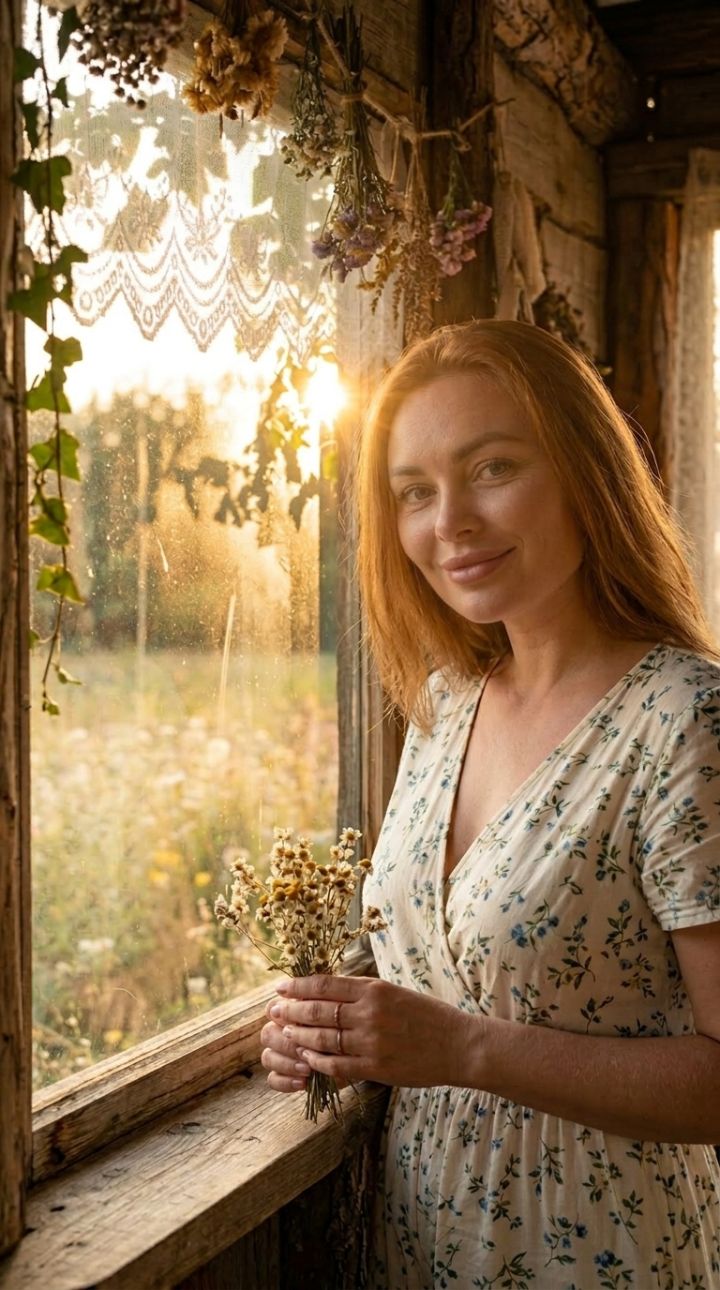 木造小屋の窓辺に立つ女性プロフィールポートレート、花柄コットンジャンプスーツ、夕暮れの暖色調とノスタルジー