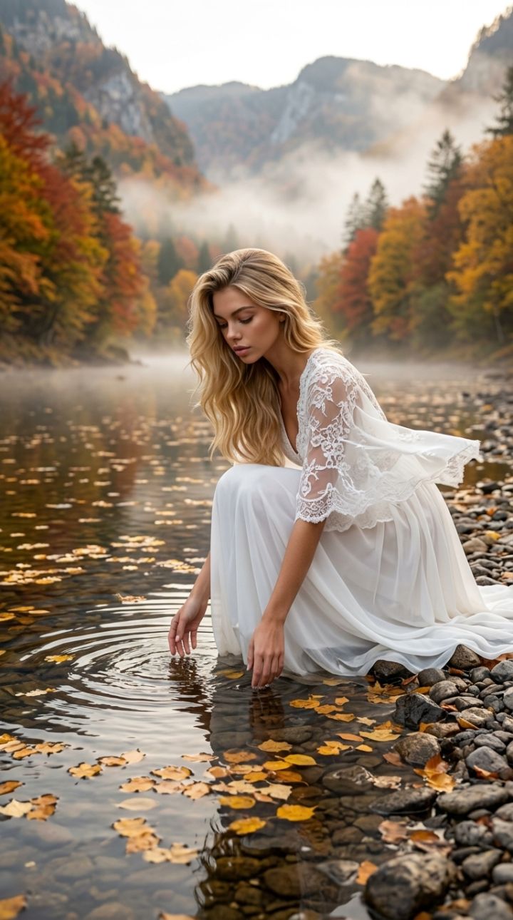 秋の河谷で白いシフォンドレスをまとい水辺に触れる女性 紅葉と霧の幻想的フォトリアリズム