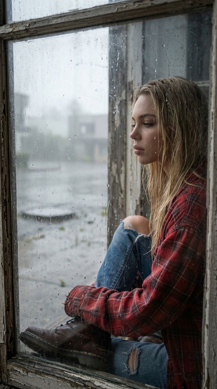 雨中忧郁右侧侧脸少女超写实摄影 脏窗后红格子衫破牛仔脏马丁靴