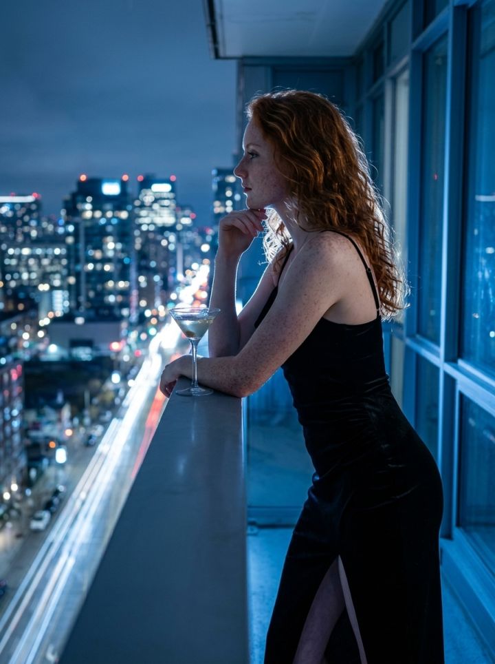高層バルコニー夜景シルエット美女｜黒ベルベットドレス細ストラップ太ももスリット