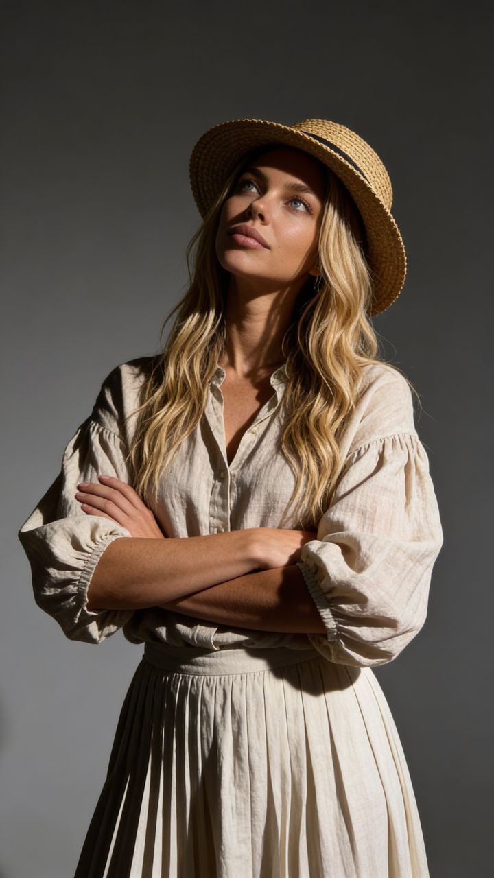 극적 사이드 조명 팔 교차 상향 시선 여성 포토리얼리즘 초상화 리넨 블라우스 플리츠 맥시 스커트 스트...