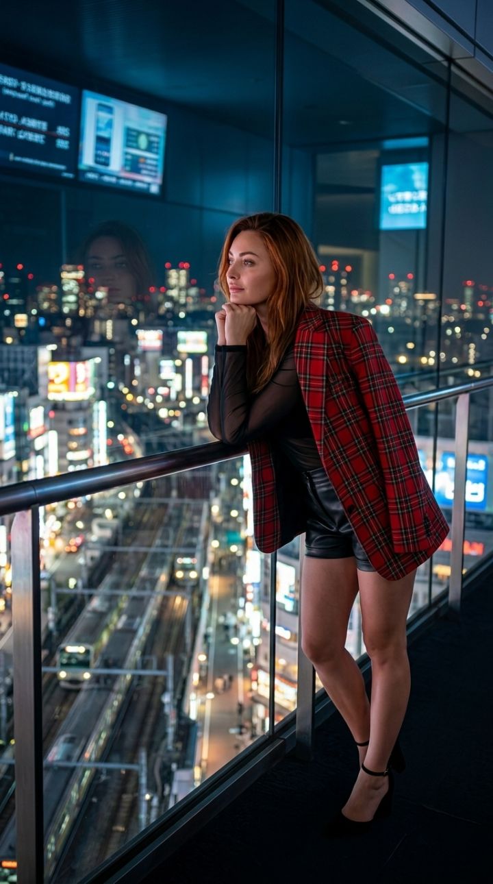 신주쿠 스카이라인 전망대 레드 플레이드 오버사이즈 블레이저 패션 포트레이트 야경