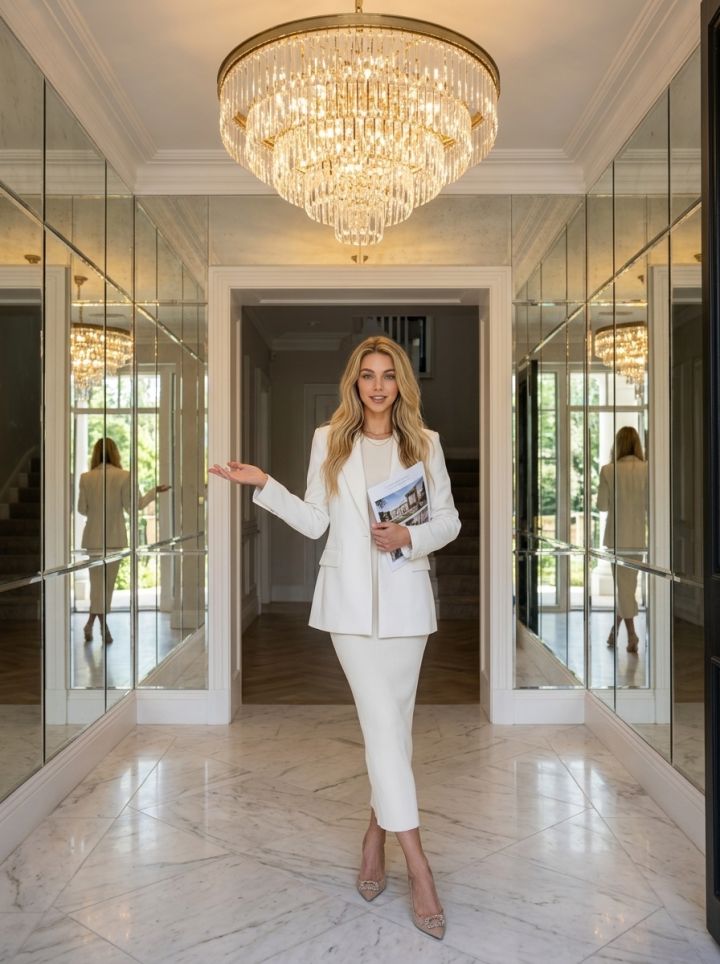 크리스탈 샹들리에가 빛나는 웅장한 현관 홀 | 거울 벽에 비친 세련된 부동산 중개인