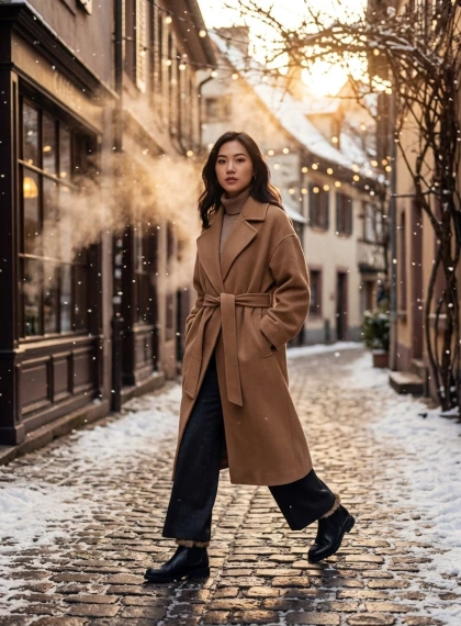 A cinematic wide shot of a figure striding confidently through a snow-dusted cobblestone alley in a quaint European v...