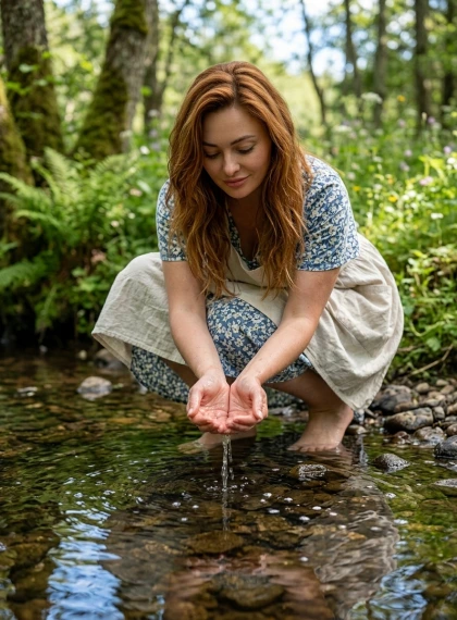 A person is squatting by a quiet stream, hands cupped like a bowl, water flowing between the fingers, crystal clear s...