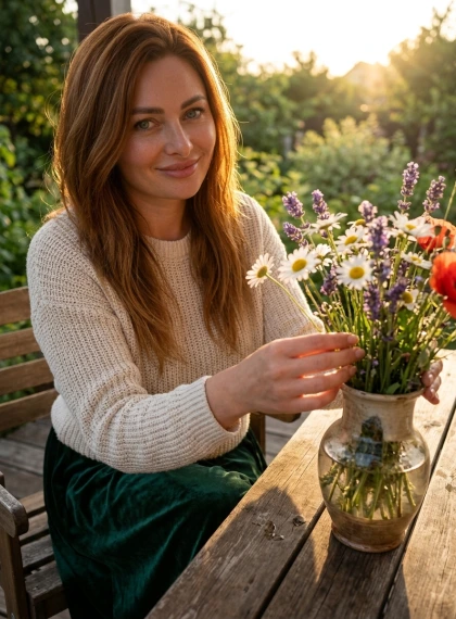 A person sits at a wooden table on the terrace, arranges a bouquet of wildflowers in an antique vase, the sun sets be...