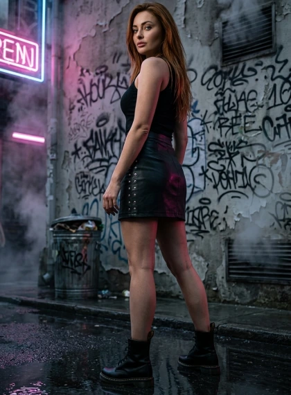 A person stands with their back to a peeling wall with graffiti, turned three-quarters, arms lowered along the body, ...