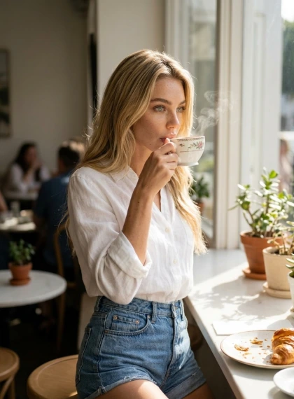 A poised figure leans against a sun-drenched cafe window, steam rising from a porcelain coffee cup held near the lips...