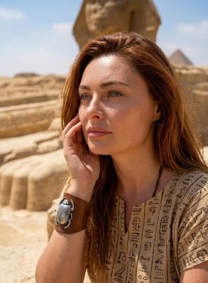 A traveler sitting cross-legged on ancient stone steps of the Great Sphinx at midday, intense sunlight highlighting w...