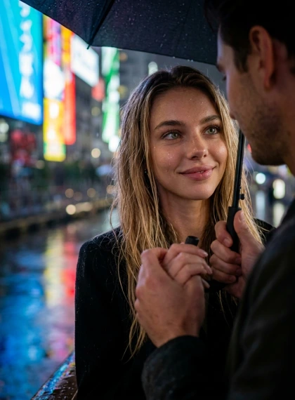 A walk along the rain-wet embankment at night. Hands intertwined, umbrella over their heads, reflections of lights in...