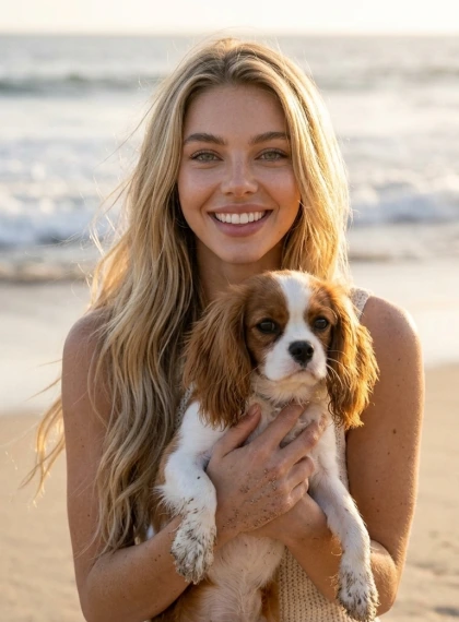 A young person stands on a sunny beach, holding a small spaniel in their arms, ocean waves in the background, wind to...