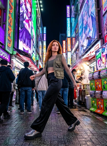 Akihabara Neon Utcáin Sétáló Futurisztikus Stílus Ikon