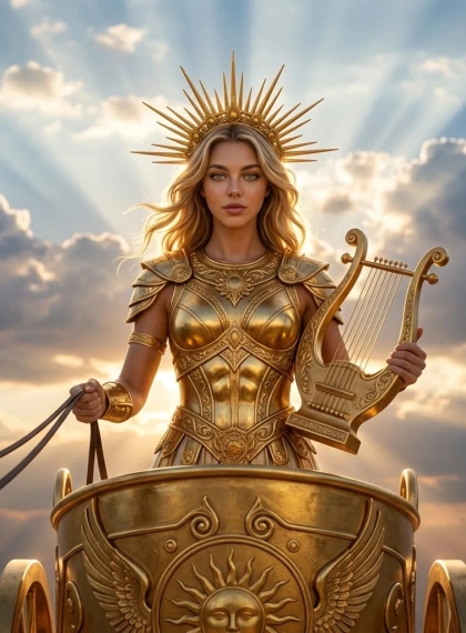Apollo driving golden sun chariot across dawn sky, lyre in hand, radiant golden armor, sun rays piercing through clou...