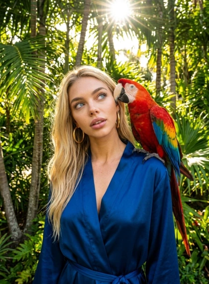 Arara no Ombro: Olhar Curioso em Jardim Tropical com Robe de Cetim