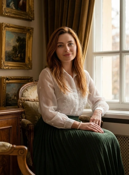 Aristocratisch Portret in Luxe Woonkamer met Antiek Meubilair en Olieverfschilderijen