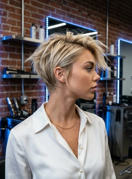 Asmens-as Pixie Frizūra ar Teksturētiem Smailiem – Industriālais Šiks Studio un Ultra Fotorealisms
