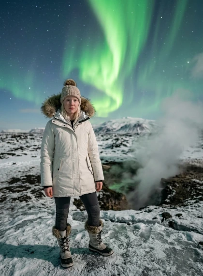 Aurora boreal verda sobre el volcà Eyjafjallajökull a Islàndia: nit d'hivern amb fumarola geotèrmica