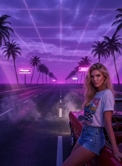 Autostrada Infinita Crepuscolo Viola Palme Neon 16K