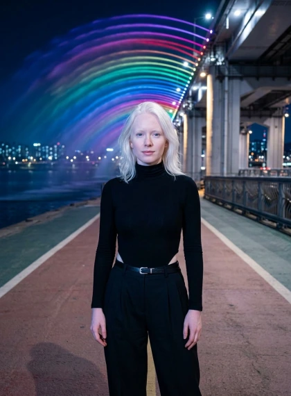 Bajo el Puente Banpo de Noche: Luces Arcoíris Minimalistas y Moda Futurista Ultra Realista