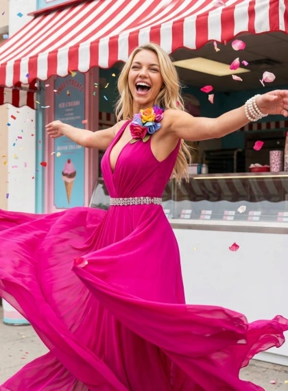 Bean ag Casadh go Lúcháireach i nGúna Fuchsia Chiffon - Grianghraf Fíorúil Ultra Os comhair Siopa Uachtar Reoite