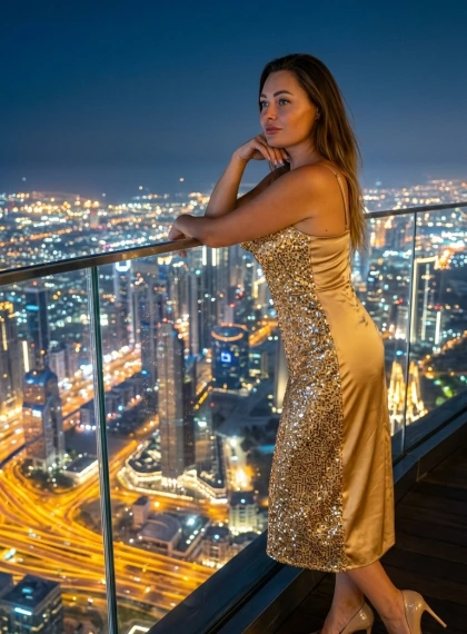 Burj Khalifa Gözlem Terasında Altın Saten Elbise ile Dubai Gece Manzarası