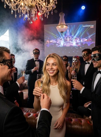 Cabine VIP Luxo: Máscaras, Tuxedos e Névoa Elegante