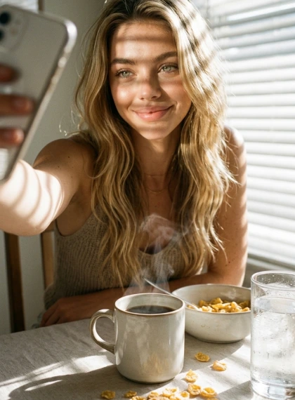 Candid shot at breakfast: hand holding a phone, face in the frame with a sleepy smile, steam from coffee rising, scat...