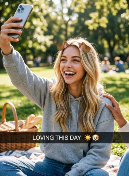 Candid shot with friends in the park, but focus on one figure with a phone, laughter, casual clothing, grass under fe...
